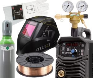 Zestaw do spawania stali czarnej ze spawarką Easy MIG 210s + butla MIX + reduktor butlowy + rękawice + przyłbica 430XT samościemniająca