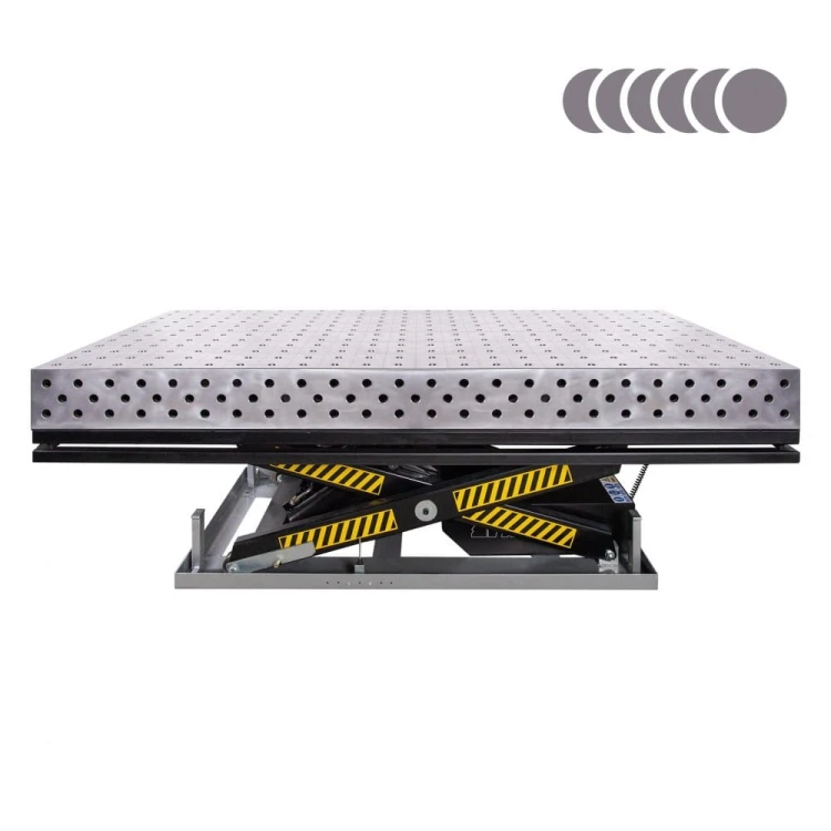 Stół spawalniczy ze stali S355J2+N 3000 x 1500 z regulacją wysokości nożycowy Spartus system otworów 28 mm